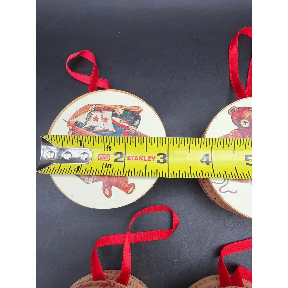 Vintage Teddy Bear Wooden Box Christmas Ornaments Set 4 Toyland Music 3”